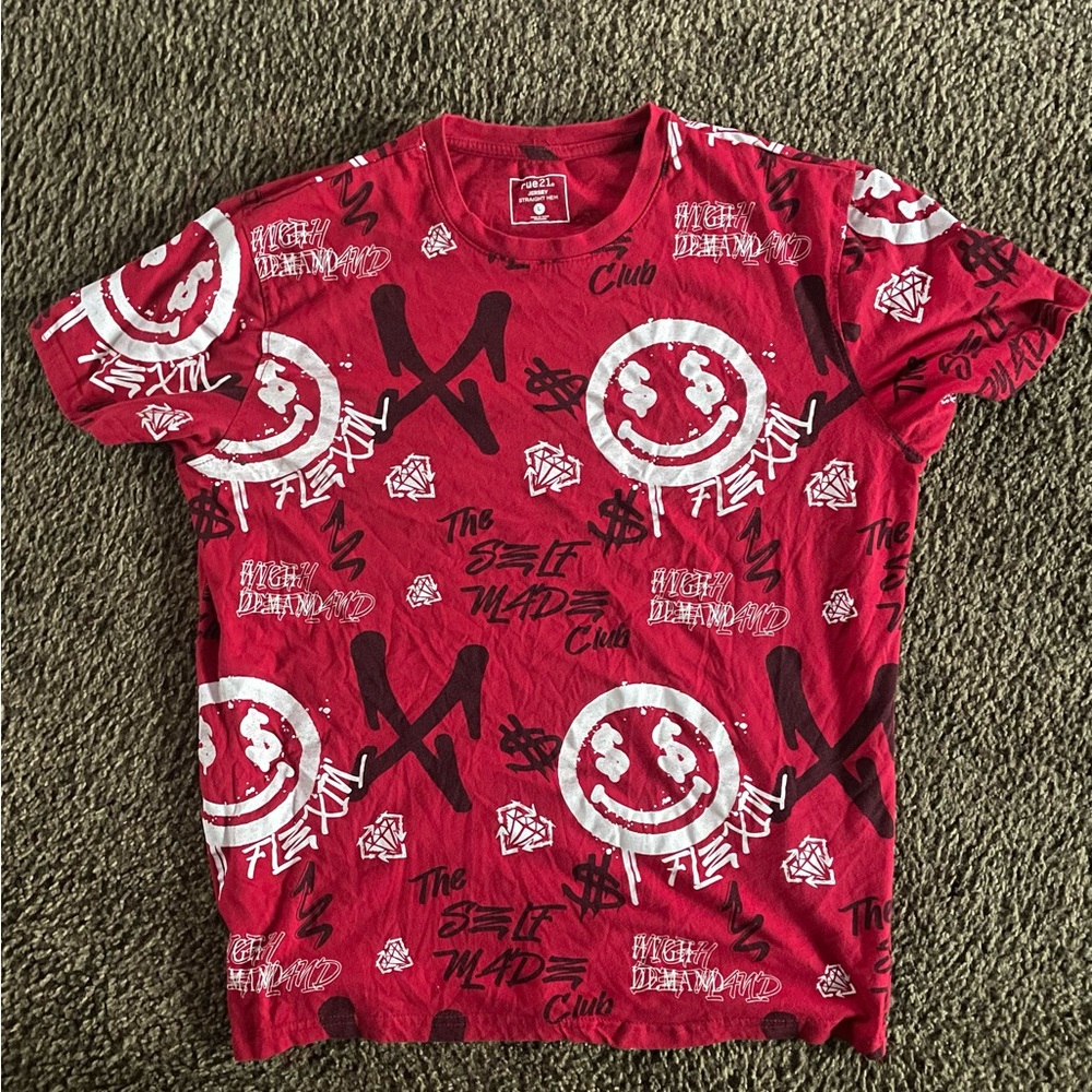 Red Graphic Tee with Smiley Faces and Text